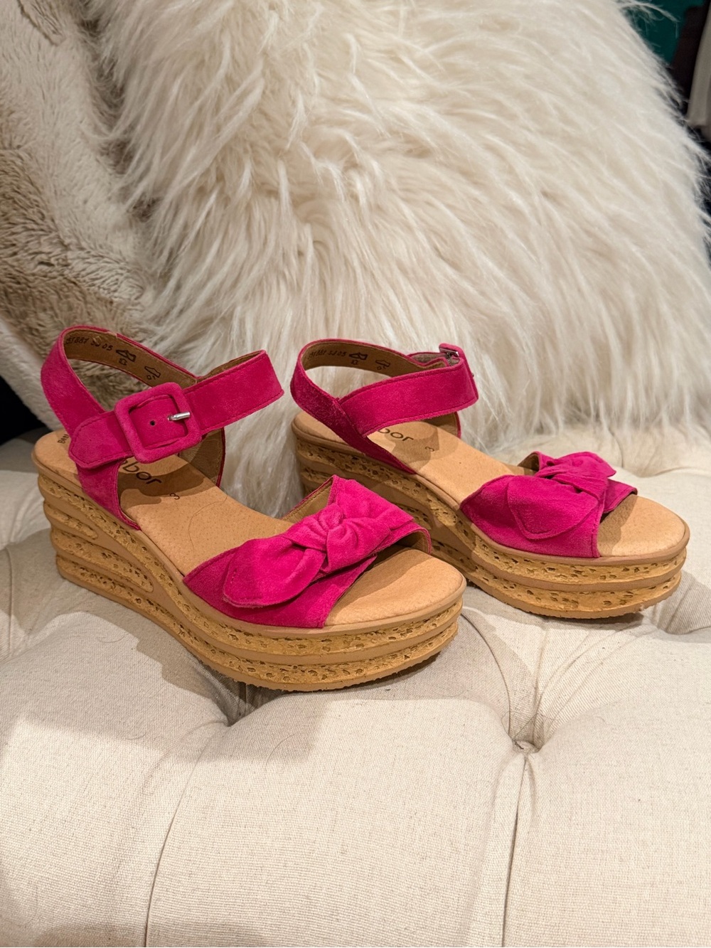 Gabor Hot Pink Suede Wedge Sandals with Knot Toe